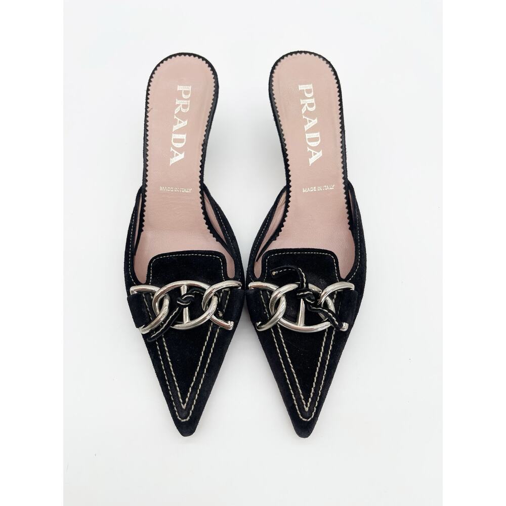 Prada Retro Vintage Y2K Black Suede Chain Pointed Toe Kitten Heel Mules IT 35 - Picture 3 of 11